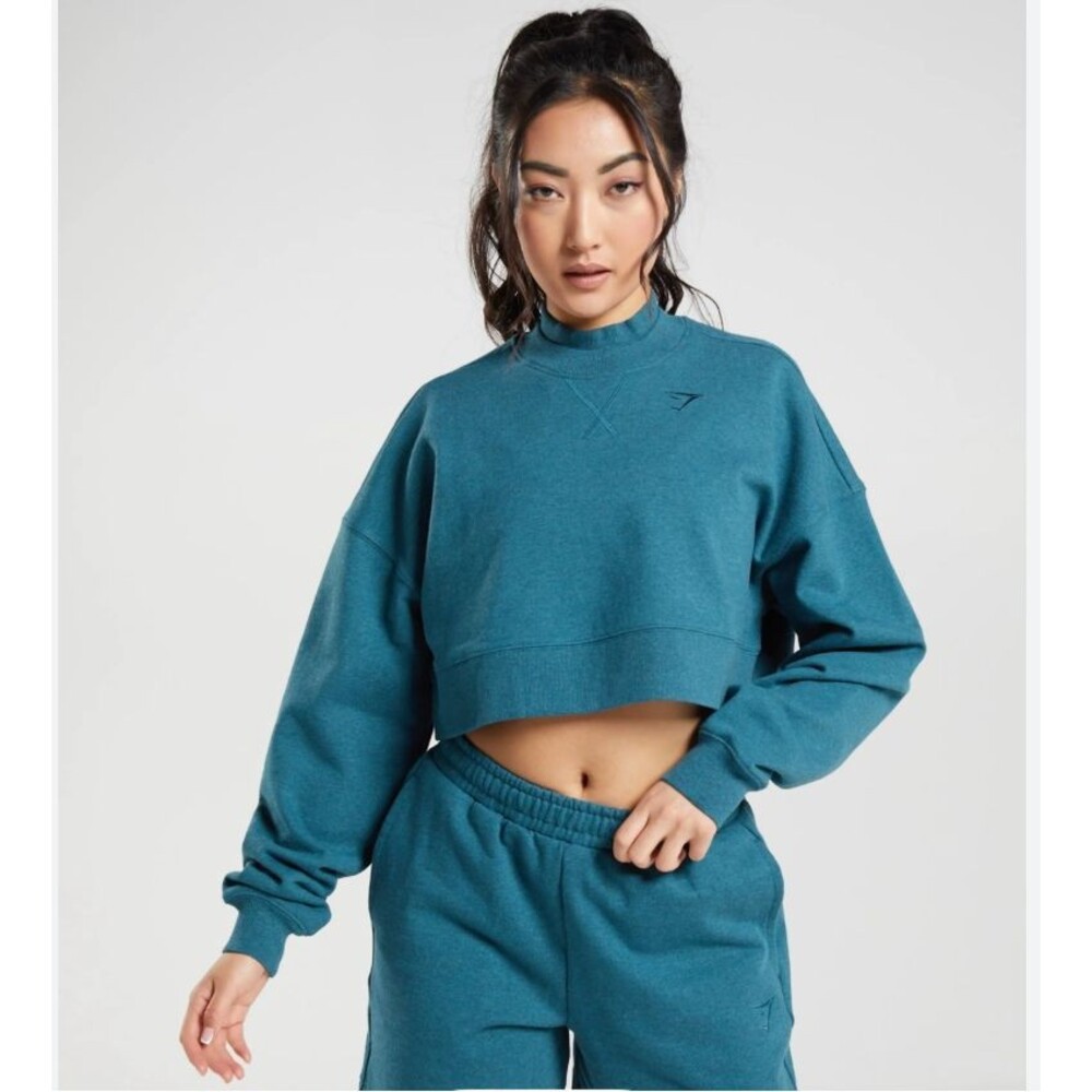 Gymshark Cropped Sweatshirt Blue Mock Neck Balloon Sleeve Size M